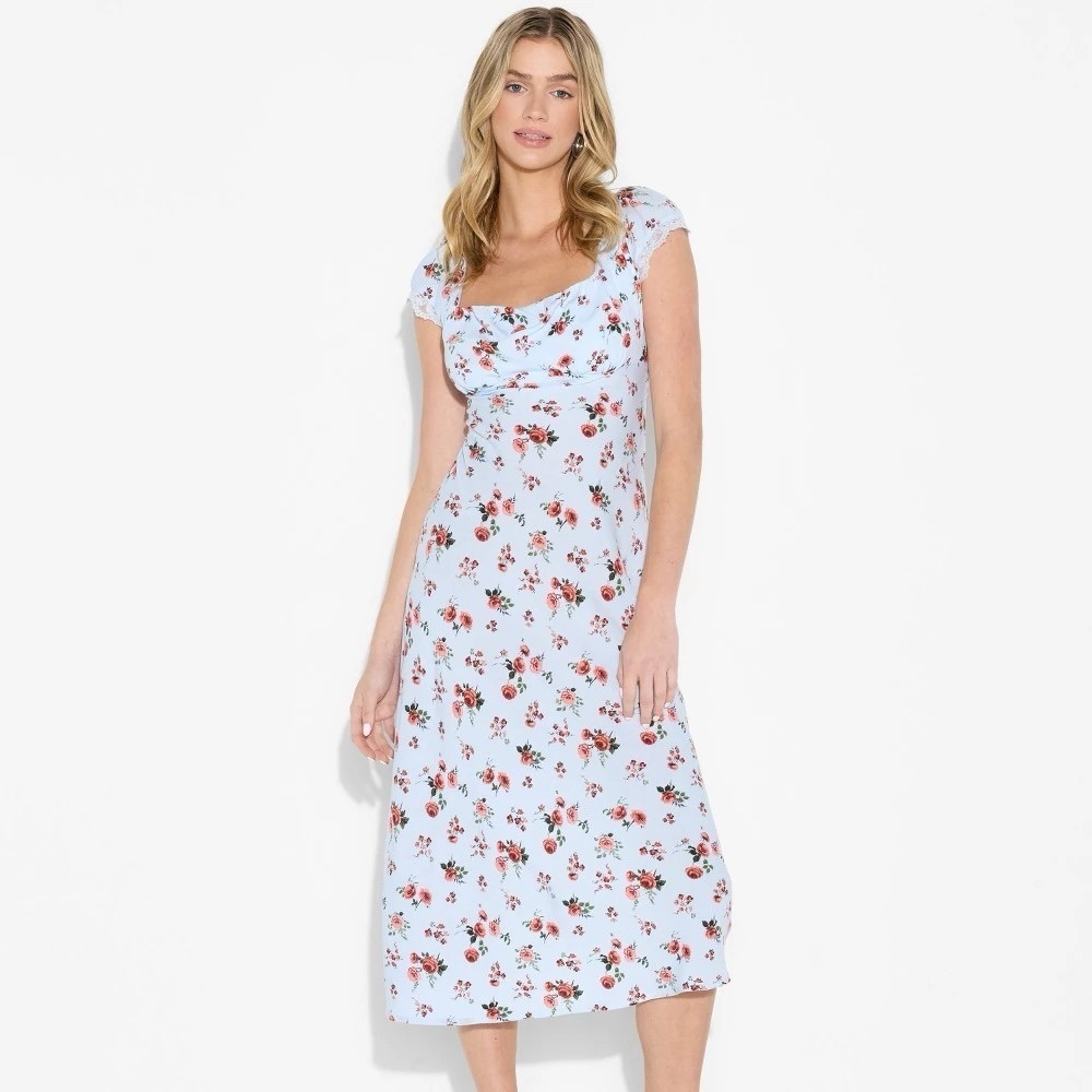 NWT Flutter Cap Sleeve Maxi a-Line Dress Wild Fable Light Blue Floral Large